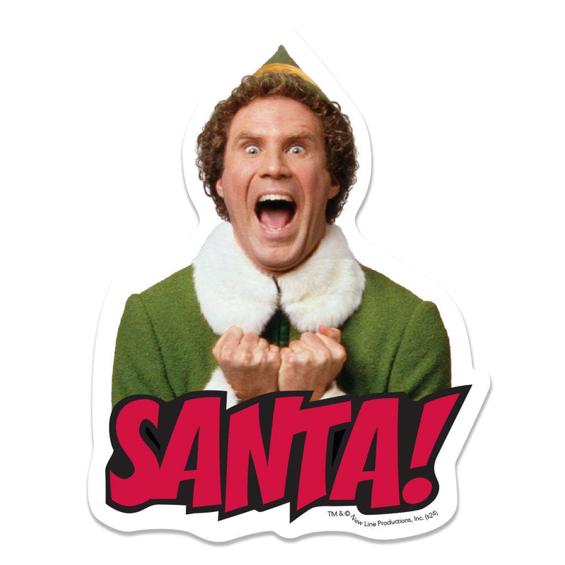 vinyl sticker featuring Buddy, the elf shouting SANTA in red letters.