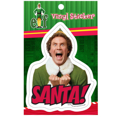 vinyl sticker featuring Buddy, the elf shouting SANTA in red letters, shown in green and red package.
