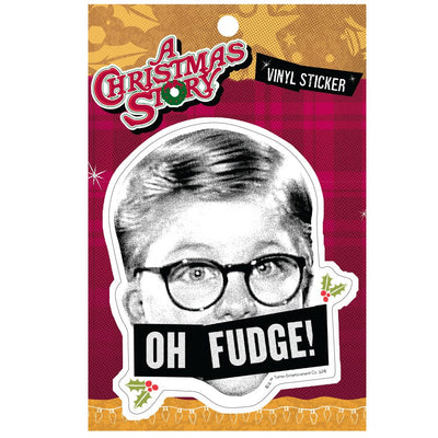 vinyl sticker featuring a grayscale image of Ralphie with a black and white banner across his mouth with green and red holly, shown in package.