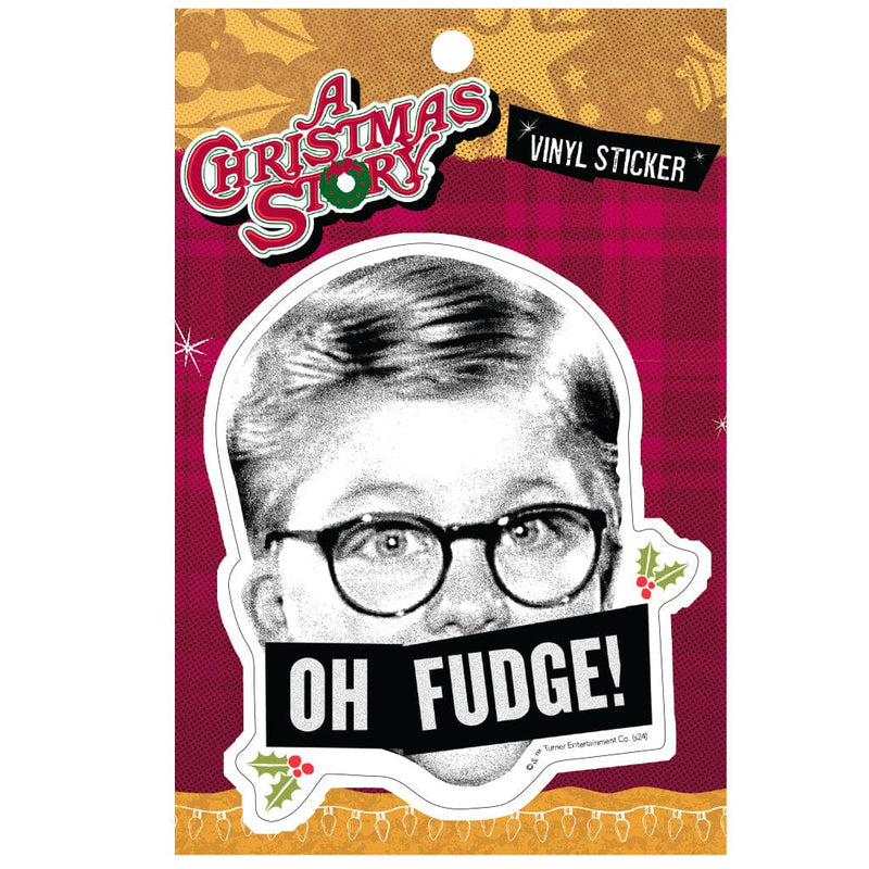 vinyl sticker featuring a grayscale image of Ralphie with a black and white banner across his mouth with green and red holly, shown in package.