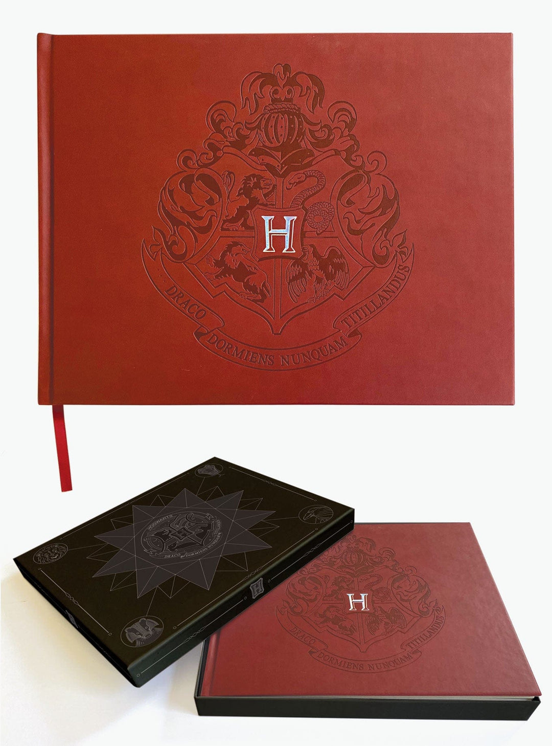 ALB-6000E - Harry Potter Vegan Leather Deluxe Flip Photo and Scrapbook Album - Three red and black Hogwarts crest albums with "H" logo displayed at different angles