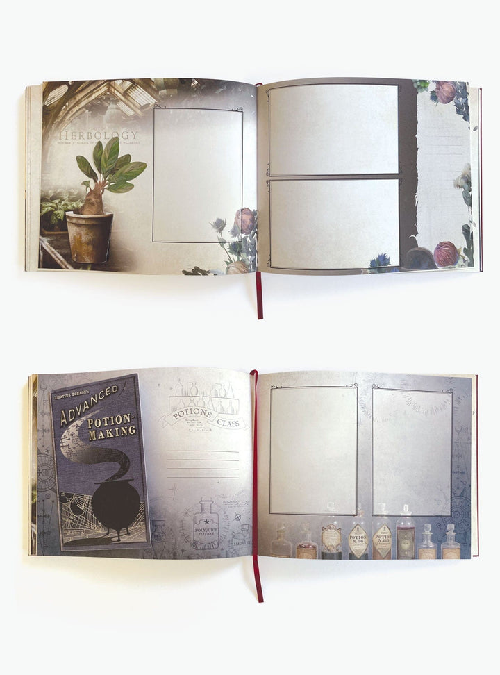 ALB-6000E - Harry Potter Vegan Leather Deluxe Flip Photo and Scrapbook Album - Two open pages of a vegan leather album showing themed layouts with blank photo spaces, decorative botanical and potion bottle illustrations on cream and blue backgrounds