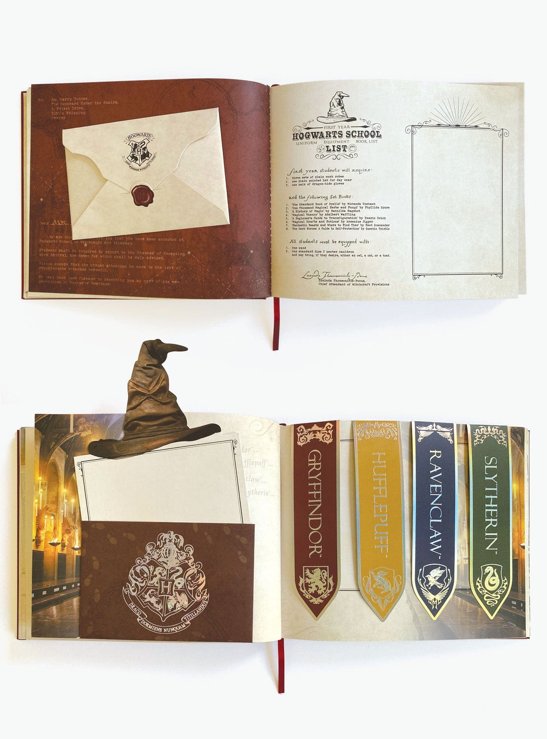 ALB-6000E - Harry Potter Vegan Leather Deluxe Flip Photo and Scrapbook Album - Burgundy leather album opened displaying Hogwarts letter, school supplies list, sorting hat, and house banners in gold and jewel tones