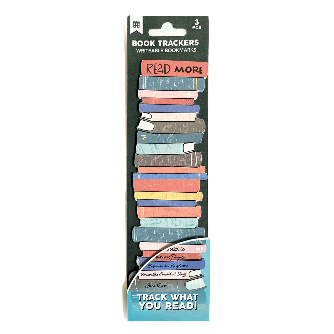 BM-1000E - Bookstack Reading Tracker Bookmark - Stack of colorful writable bookmarks with "READ MORE" text and "TRACK WHAT YOU READ!" tagline on packaging