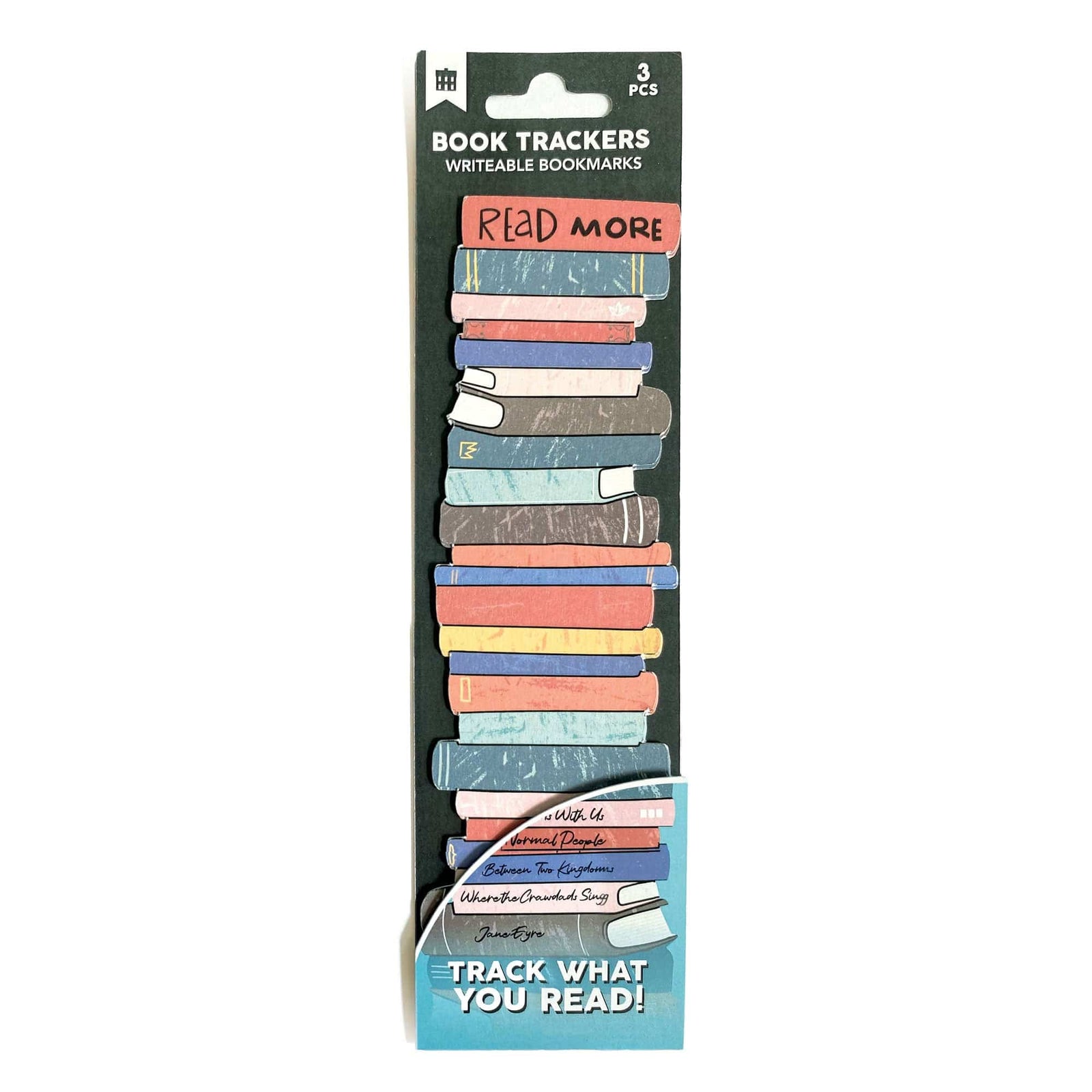BM-1000E - Bookstack Reading Tracker Bookmark - Stack of colorful writable bookmarks with "READ MORE" text and "TRACK WHAT YOU READ!" tagline on packaging