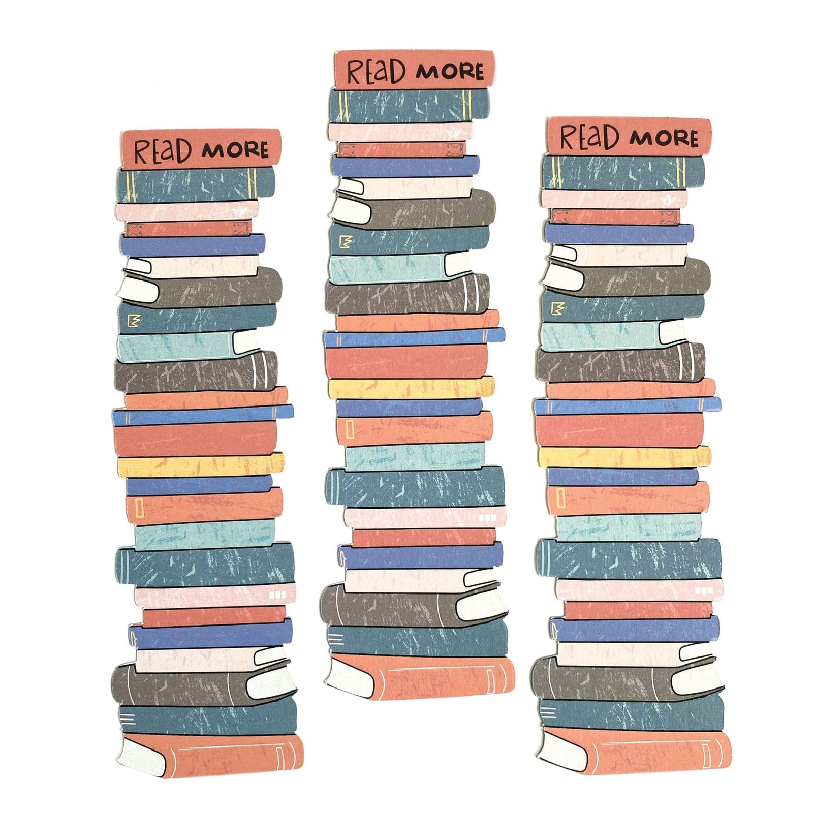 BM-1000E - Bookstack Reading Tracker Bookmark - Three stacks of colorful illustrated books with "READ MORE" labels on top spines, featuring coral, blue, teal, gray, and yellow tones