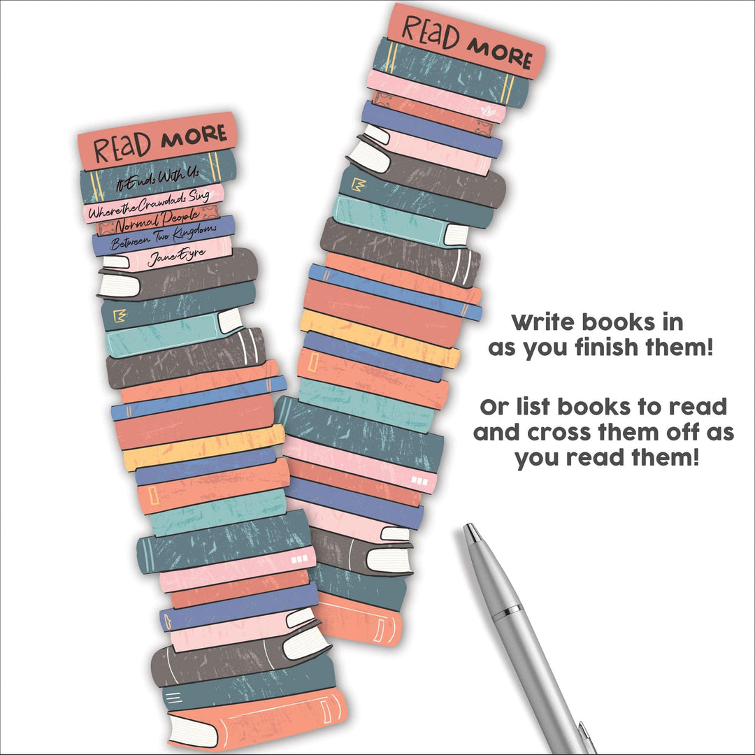 BM-1000E - Bookstack Reading Tracker Bookmark - Two colorful stacked bookmarks with "READ MORE" text and instructions for tracking reading progress, alongside a silver pen