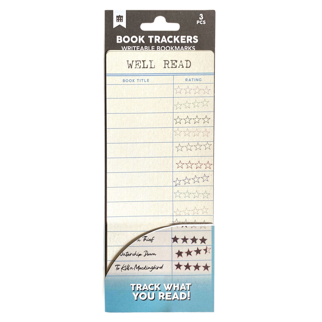 BM-1001E - Library Card Reading Tracker Bookmark - Cream and blue writeable bookmark with "Well Read" header, rows for book titles and star ratings, and three example entries at bottom
