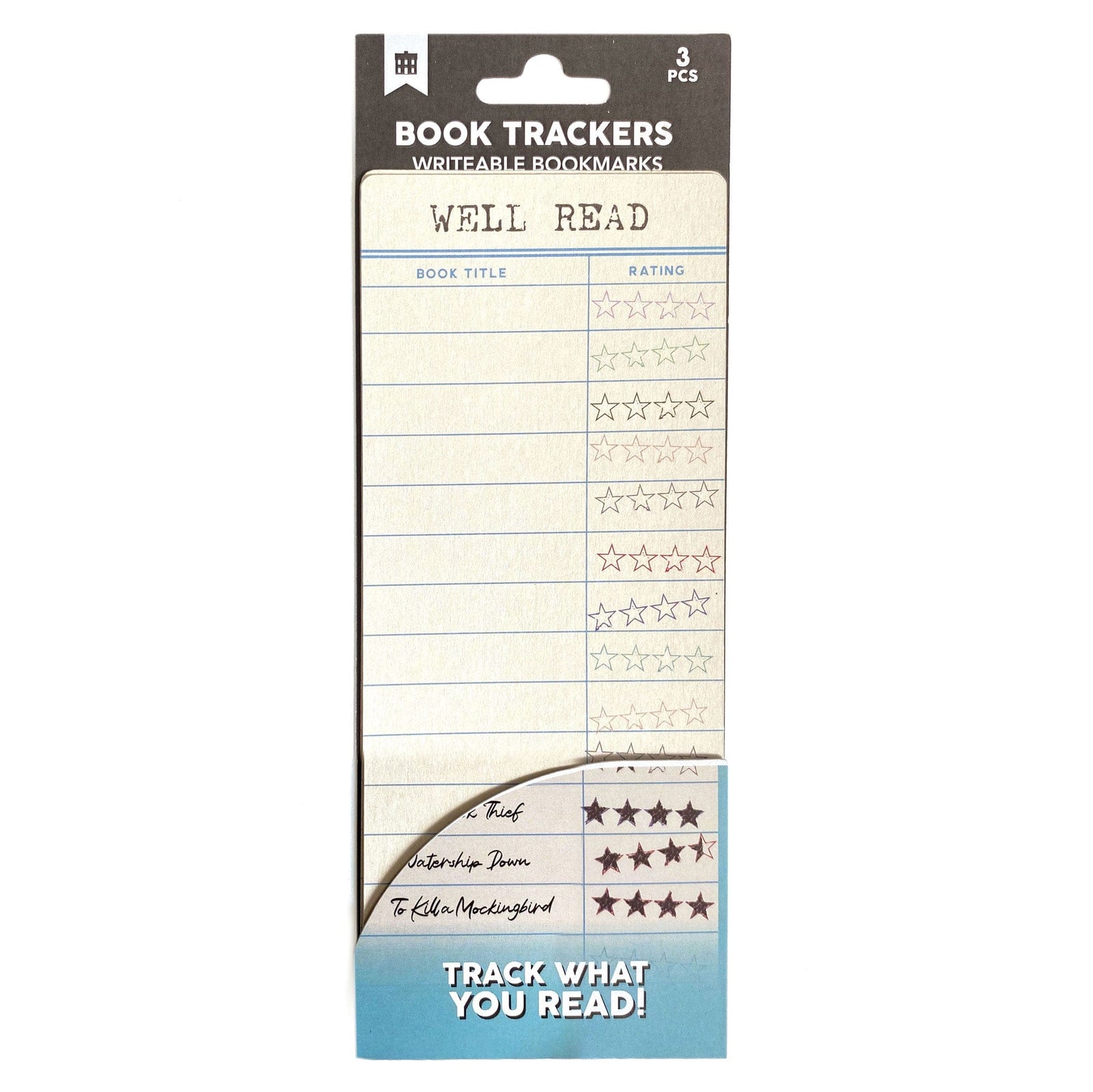 BM-1001E - Library Card Reading Tracker Bookmark - Cream and blue writeable bookmark with "Well Read" header, rows for book titles and star ratings, and three example entries at bottom