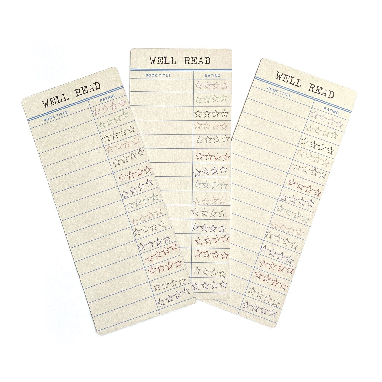 BM-1001E - Library Card Reading Tracker Bookmark - Three cream-colored bookmarks with "WELL READ" headers, book title lines, and star rating boxes in blue and rust tones