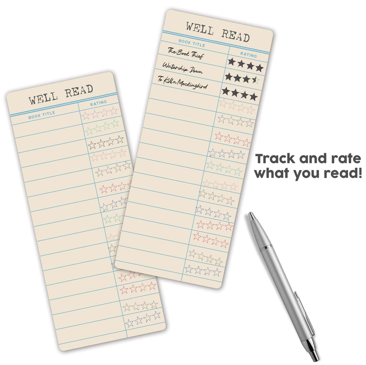 BM-1001E - Library Card Reading Tracker Bookmark - Two cream-colored bookmarks with "Well Read" header, blue lines, book title spaces, and star rating columns, displayed with a silver pen