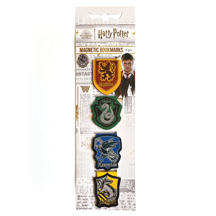 BMMG-0029E - Harry Potter - House Crests Magnetic Bookmarks - Four magnetic bookmarks featuring Hogwarts house crests in red/gold, green, blue, and yellow/black colors