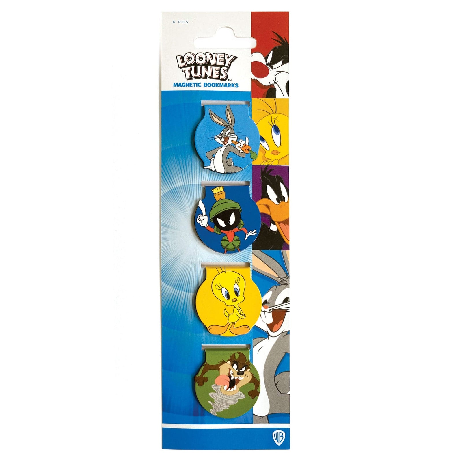 BMMG-0031E - Looney Tunes Magnetic Bookmarks - Four magnetic bookmarks featuring Bugs Bunny, Marvin the Martian, Tweety Bird, and Tasmanian Devil on blue, white, and colored backgrounds