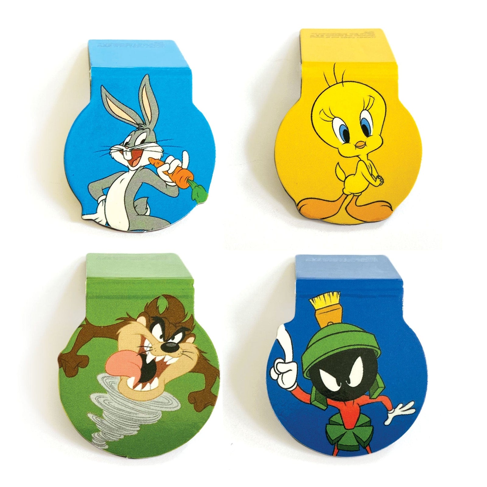 BMMG-0031E - Looney Tunes Magnetic Bookmarks - Four colorful teardrop-shaped magnetic bookmarks featuring Bugs Bunny, Tweety Bird, Tasmanian Devil, and Marvin the Martian characters