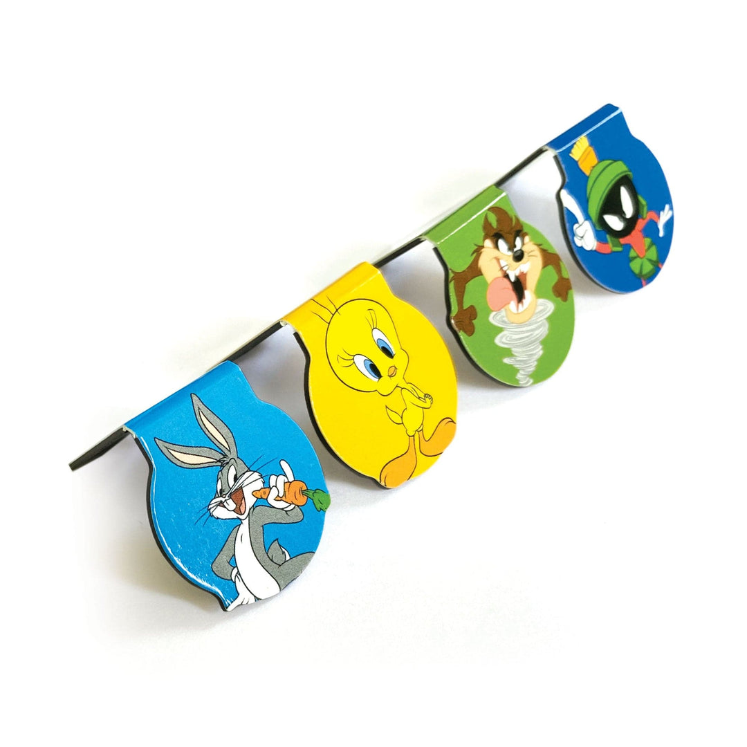BMMG-0031E - Looney Tunes Magnetic Bookmarks - Four teardrop-shaped magnetic bookmarks featuring Looney Tunes characters Bugs Bunny, Tweety, Tasmanian Devil, and Marvin the Martian on a black rod