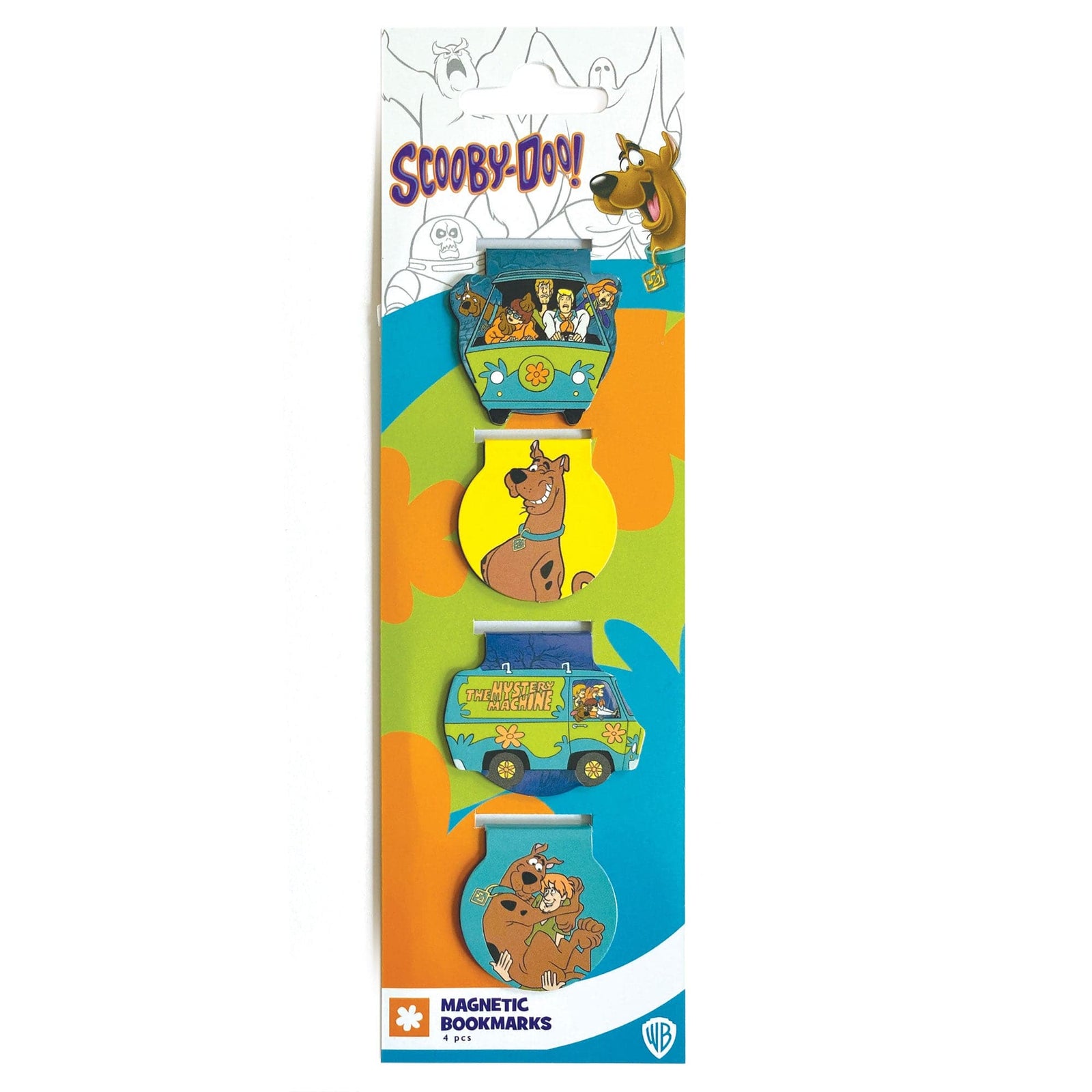 BMMG-0032E - Scooby Doo Magnetic Bookmarks - Four magnetic bookmarks featuring Scooby-Doo characters, the Mystery Machine, and ghosts on colorful backgrounds in blue, green, and orange