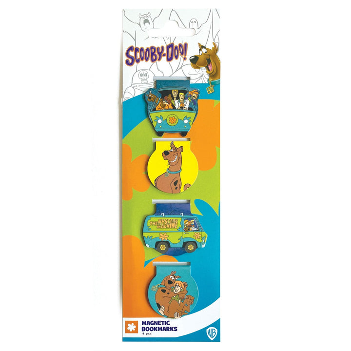 BMMG-0032E - Scooby Doo Magnetic Bookmarks - Four magnetic bookmarks featuring Scooby-Doo characters, the Mystery Machine, and ghosts on colorful backgrounds in blue, green, and orange