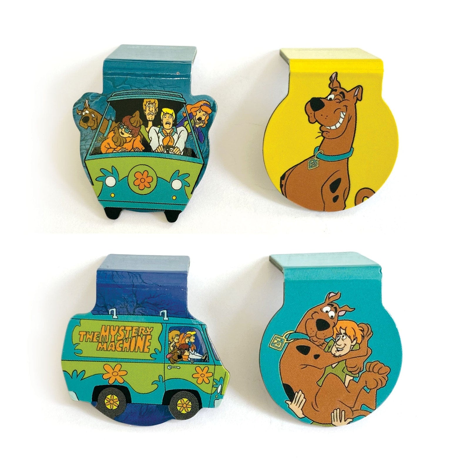 BMMG-0032E - Scooby Doo Magnetic Bookmarks - Four colorful magnetic bookmarks featuring Scooby-Doo characters and vehicles in turquoise, yellow, and blue