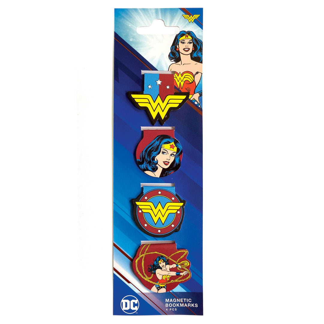 BMMG-0034E - Wonder Woman Magnetic Bookmarks - Four magnetic bookmarks featuring Wonder Woman logo, character portrait, and action pose designs in red, blue, and yellow on blue packaging labeled "4 PCS."