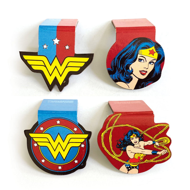 BMMG-0034E - Wonder Woman Magnetic Bookmarks - Four magnetic bookmarks featuring Wonder Woman logo and character designs in blue, red, and yellow colors