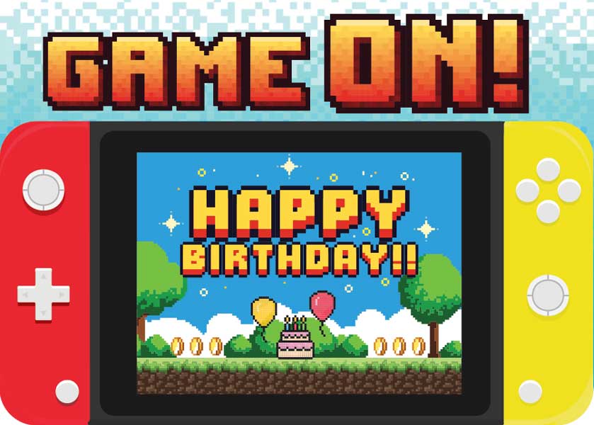 C-7007E - Note Card - Game On Birthday Foil - Pixel art birthday greeting on Nintendo Switch-style console screen with cake, balloons, and coins on colorful landscape background