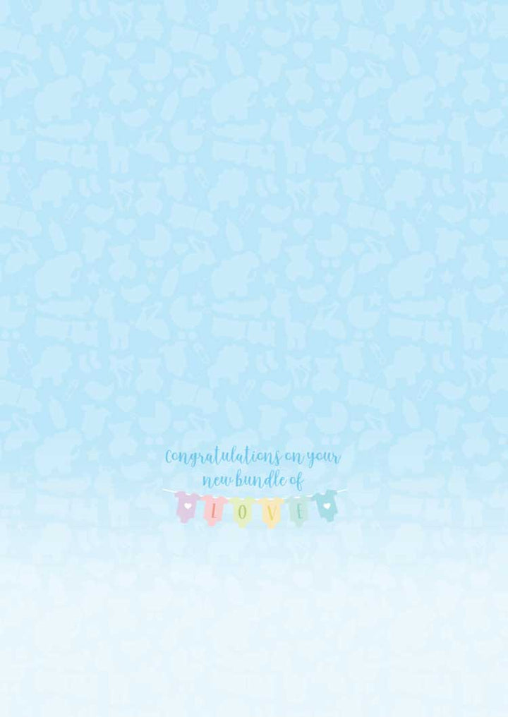 baby note card inside spread featuring pastel colored onesies on a light blue background.