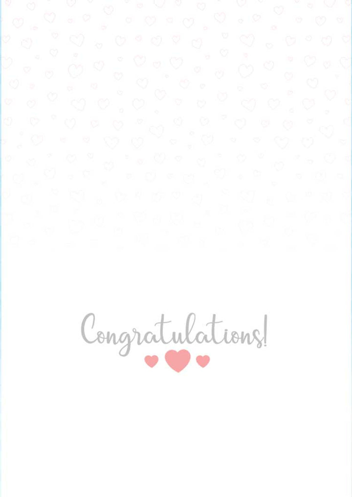 baby note card inside spread featuring gray letters and pink hearts on white background.