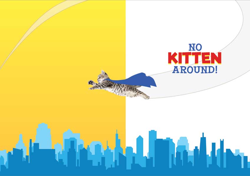 CF-7056E - Note Card - Super Kitty Foil - Flying tabby cat with blue cape over yellow and white background with "NO KITTEN AROUND!" text and blue city skyline