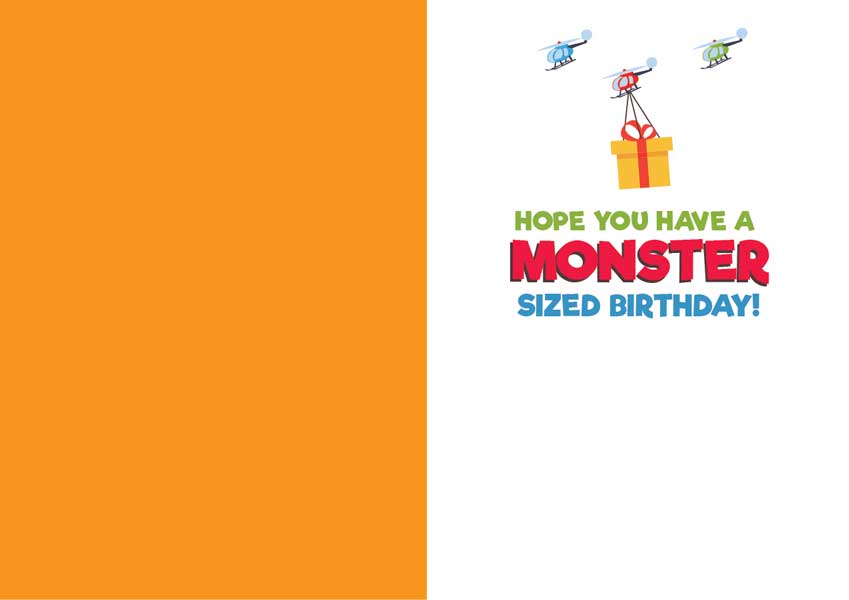 CF-7058E - Note Card - Gorilla Kong Foil - Birthday note card with orange left panel and white right panel featuring helicopters delivering a gift box with "Hope You Have a Monster Sized Birthday!" text