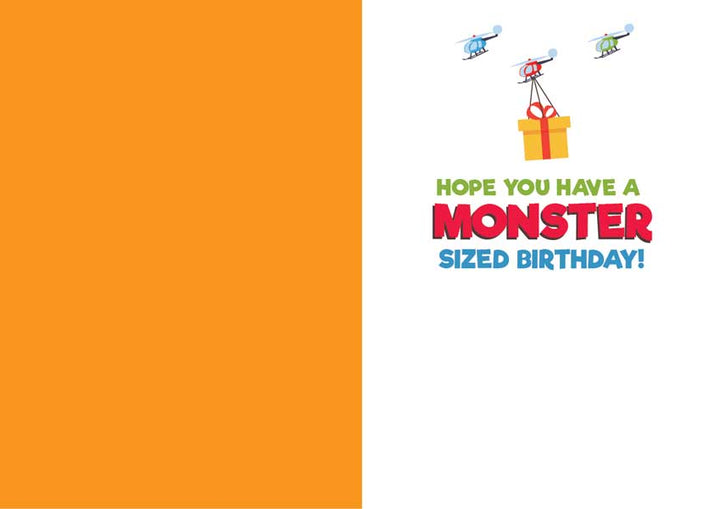 CF-7058E - Note Card - Gorilla Kong Foil - Birthday note card with orange left panel and white right panel featuring helicopters delivering a gift box with "Hope You Have a Monster Sized Birthday!" text