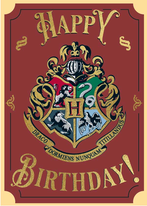 CF-7060E - Harry Potter - Hogwarts Foil Card - Red birthday greeting card with gold foil text and Hogwarts crest featuring four house symbols and Latin motto