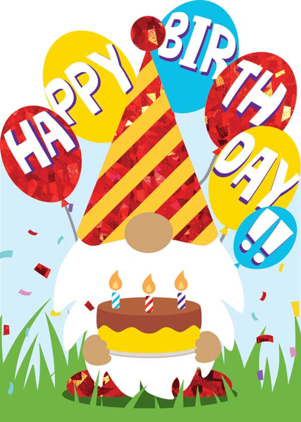 CF-7061E - Note Card - Gnome Foil - Colorful illustration of a gnome holding a birthday cake surrounded by "Happy Birthday" balloons and confetti