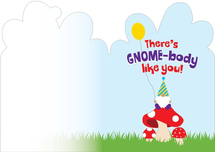 CF-7061E - Note Card - Gnome Foil - Greeting card featuring a gnome with a striped party hat on red mushrooms under a sunny sky with text "There&