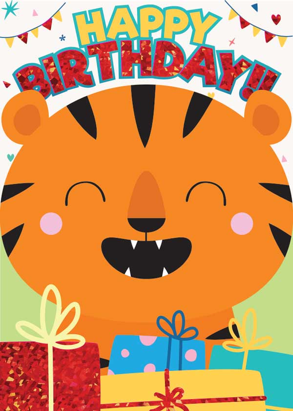 CF-7062E - Note Card - Tiger Foil - Colorful birthday card featuring a smiling orange tiger face with black stripes, surrounded by wrapped gift boxes and festive bunting decorations