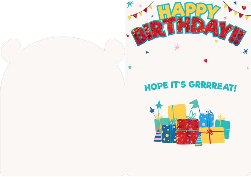 CF-7062E - Note Card - Tiger Foil - Colorful birthday greeting card featuring "Happy Birthday" text, gift boxes, stars, and "Hope it's Grrrreat!" message with bear-shaped die-cut edges