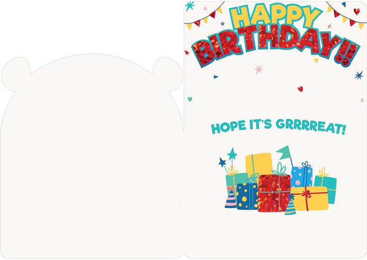 CF-7062E - Note Card - Tiger Foil - Colorful birthday greeting card featuring "Happy Birthday" text, gift boxes, stars, and "Hope it&