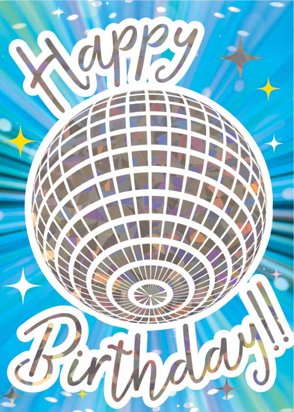 CF-7063E - Note Card - Dance Party Foil - Vibrant birthday greeting card featuring a silver disco ball with colorful reflections against a blue radiant background with stars