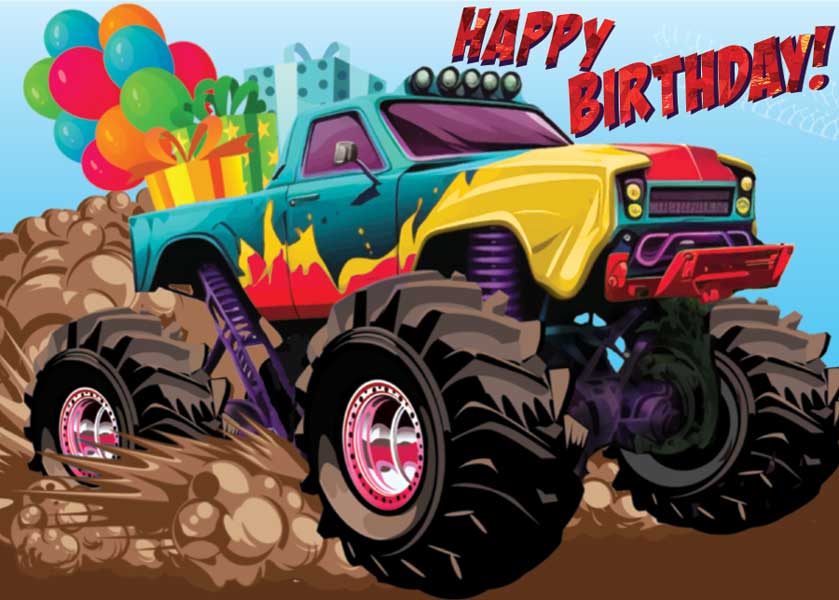 CF-7064E - Note Card - Monster Truck Foil - Colorful monster truck with large pink-rimmed wheels crushing dirt, surrounded by balloons, gift box, and "Happy Birthday!" text