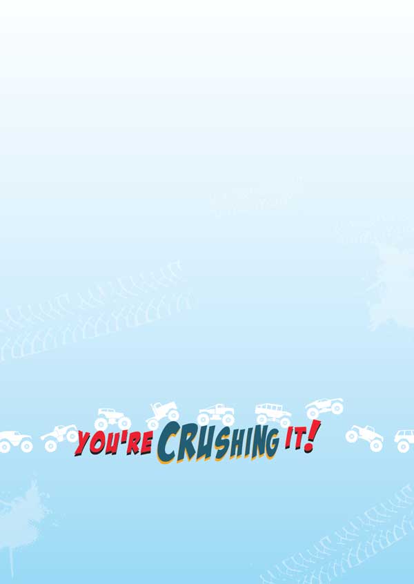 CF-7064E - Note Card - Monster Truck Foil - Light blue background with white monster trucks and bold red and teal text reading "YOU'RE CRUSHING IT!"