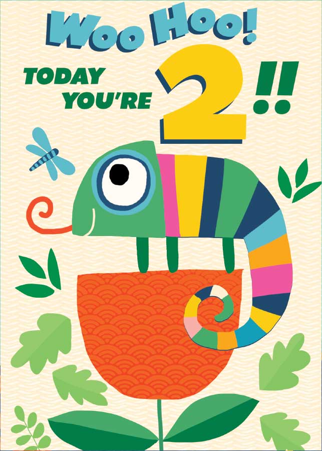 CF-7080E - 2nd Birthday Chameleon Foil Card - Colorful chameleon with striped body and curled tail on orange flower with "Woo Hoo! Today You&