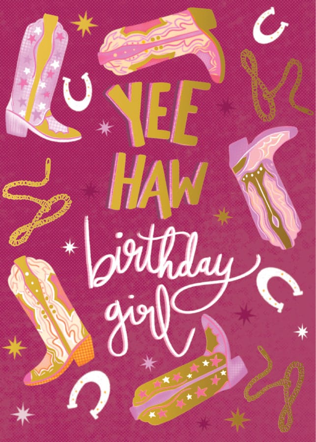 CF-7087E - Birthday Card -Foil - Yee Haw - Pink birthday greeting card featuring cowboy boots, horseshoes, and decorative text on a magenta background with gold accents