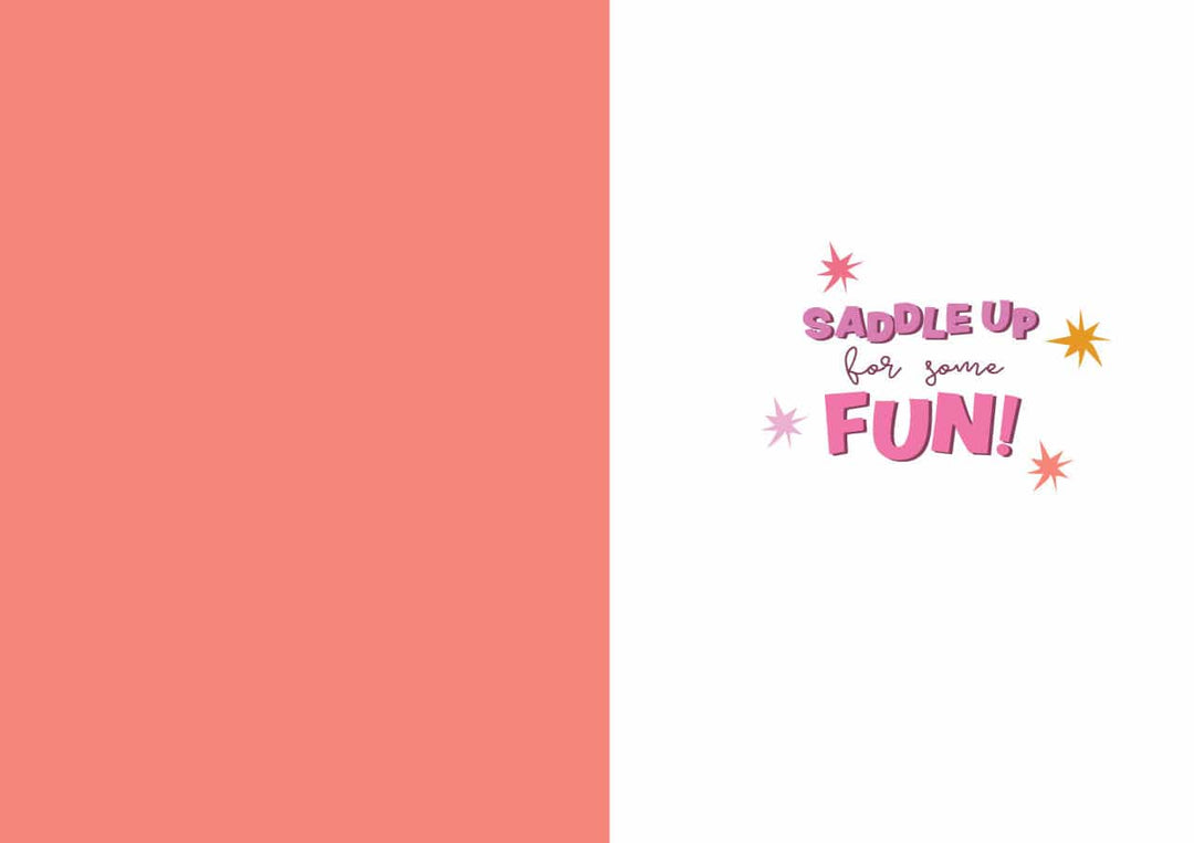 CF-7087E - Birthday Card -Foil - Yee Haw - Birthday card with coral left half and white right half featuring "Saddle Up for some FUN!" text in pink with colorful stars