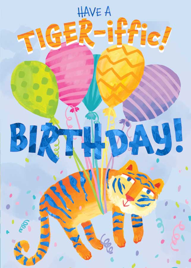 CF-7092E - Birthday Balloon Tiger - Foil Card - Colorful birthday greeting card featuring a smiling tiger holding balloons with "Have a Tiger-iffic Birthday!" text and confetti