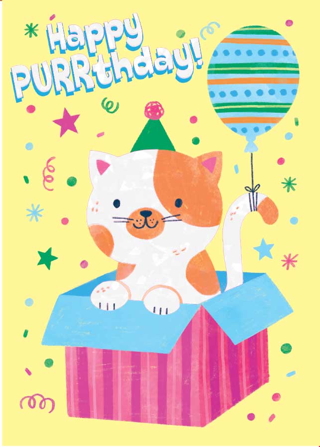 CF-7094E - Kitten Birthday Present - Foil Card - Colorful birthday greeting card featuring an orange and white kitten in a gift box with balloon and festive decorations on yellow background