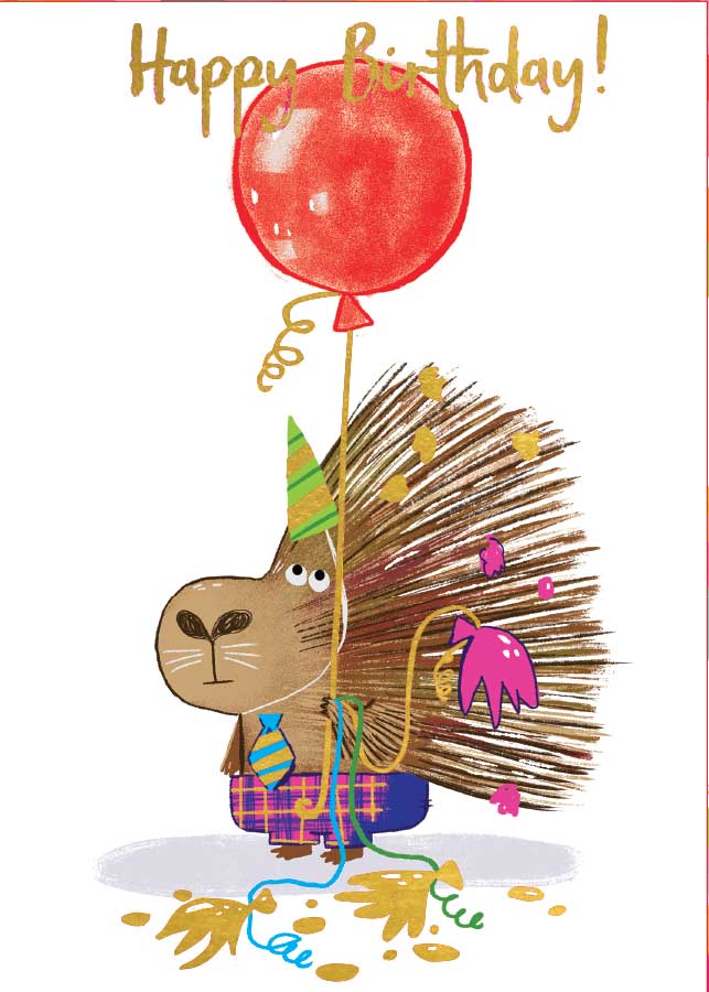 CF-7095E - Porcupine Birthday Balloon - Foil Card - Illustrated porcupine wearing party hat and tie holding red balloon with "Happy Birthday!" text and confetti