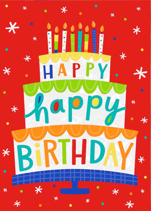 CF-7096E - Happy Happy Birthday Cake - Foil Card - Colorful three-tier birthday cake with lit candles on red background surrounded by snowflakes and confetti dots