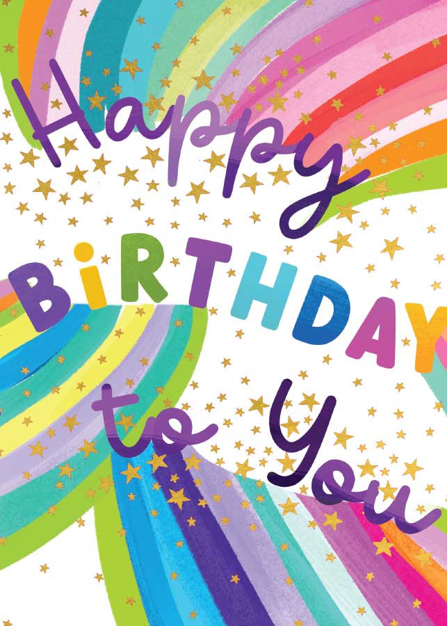 CF-7097E - Birthday Rainbow - Foil Card - Colorful rainbow stripes with gold stars and "Happy Birthday to You" text in multicolored letters on white background