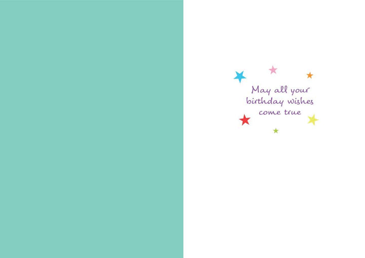CF-7097E - Birthday Rainbow - Foil Card - Turquoise and white birthday card with colorful stars and purple text reading "May all your birthday wishes come true"