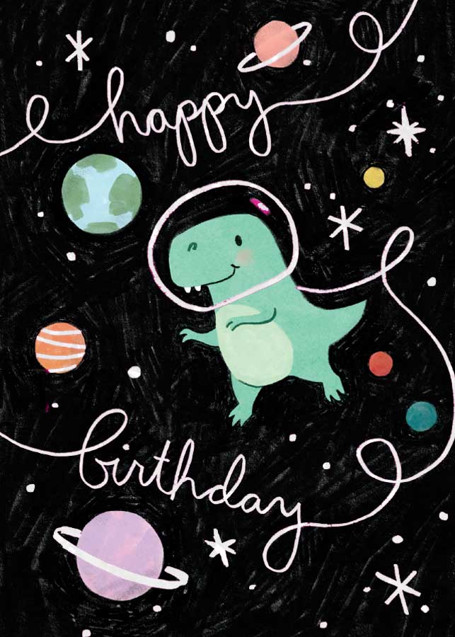 CF-7098E - Space Dino Birthday - Foil Card - Cute green dinosaur in space helmet surrounded by colorful planets and stars with "happy birthday" text on black background