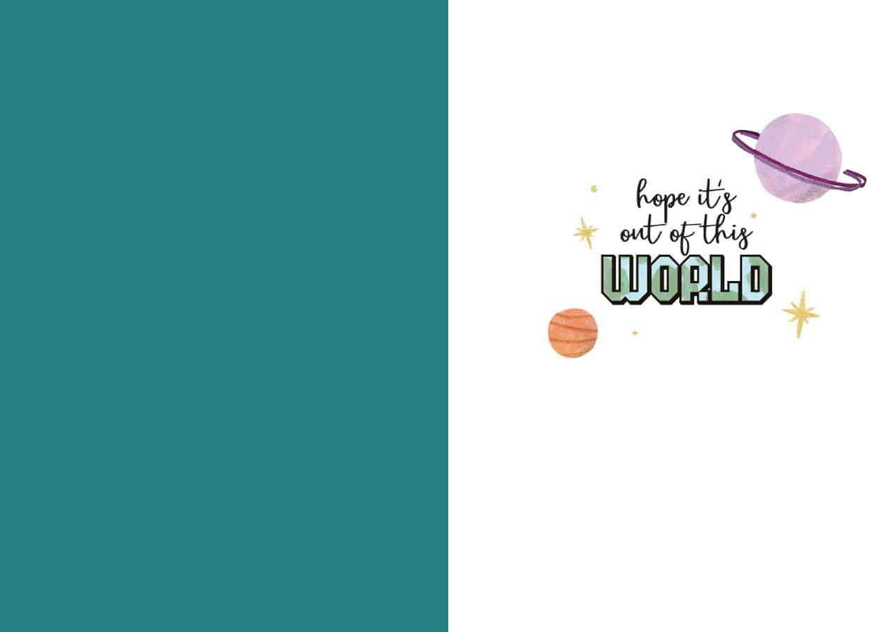 CF-7098E - Space Dino Birthday - Foil Card - Greeting card with teal left panel and white right panel featuring planets, stars, and text reading "hope it's out of this world."